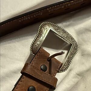 Double S Brown Leather Belt with Silver Buckle